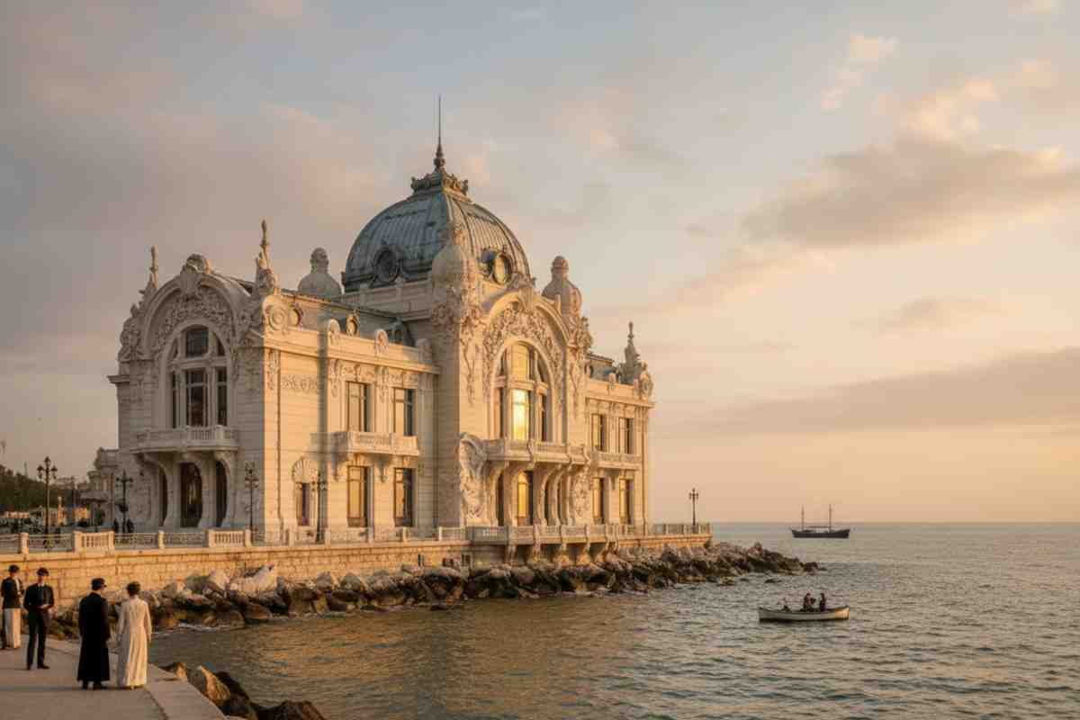 7. Cazinoul din Constanta, mare, persoane plimbandu-se